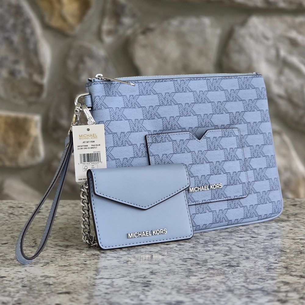 Michael Kors Jet Set Logo Large 2 In 1 Card Case Wristlet Blue - Picture 2 of 8